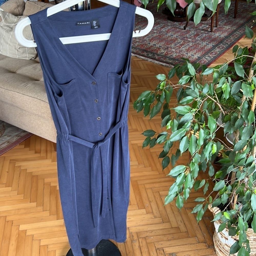 Tahari midnight blue midi button down sleeveless shirtdress - Picture 8 of 11